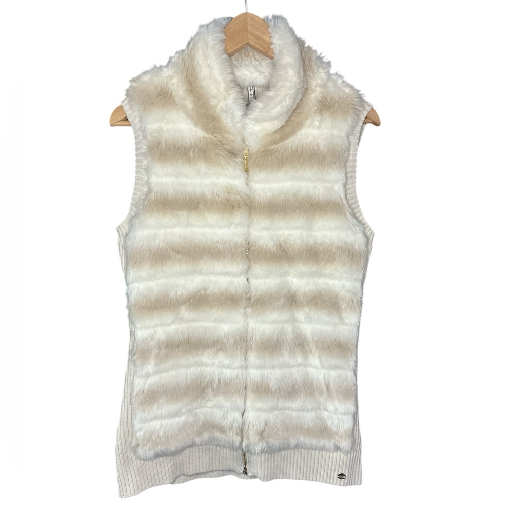 Guess Faux Fur Short Sleeve Striped Vest Cream & Tan Medium